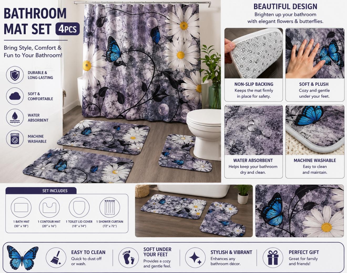 Bathroom Mat Set — Daisy Flowers