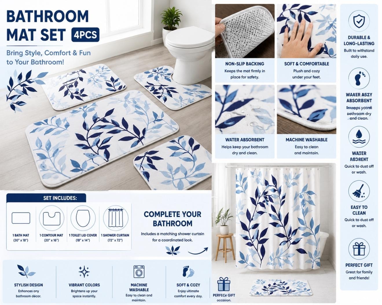Bathroom Mat Set — White Leaves